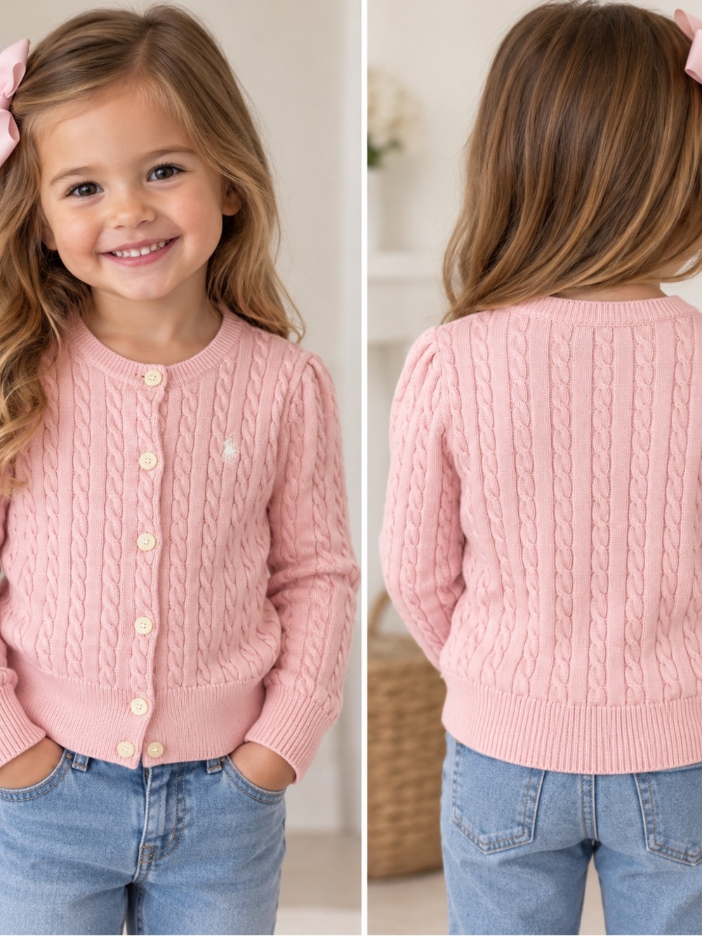 Polo Ralph Lauren Girls 4/4T Pink Cable Knit Cardigan Sweater